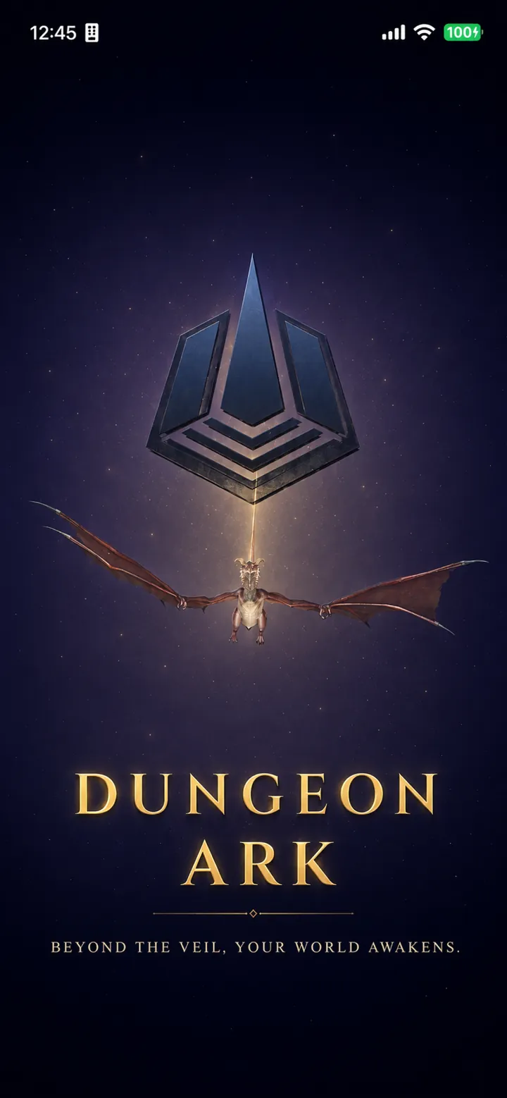 Dungeon Ark title screen with a dragon flying beneath the Ark sigil