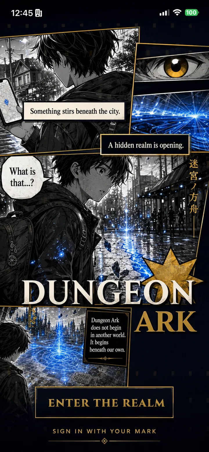 A manga-inspired scene where blue energy opens a hidden realm beneath a modern city
