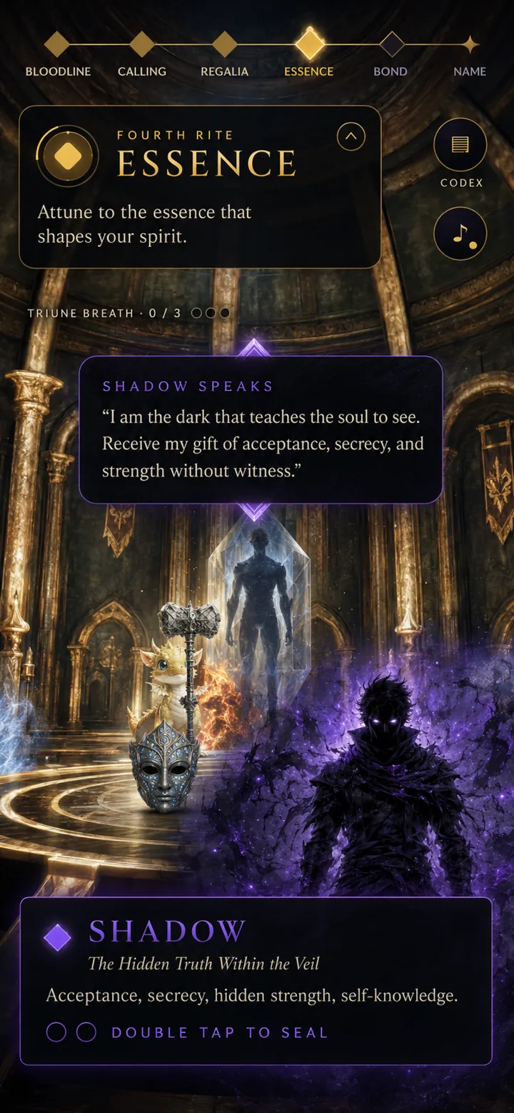 A shadow essence awakens inside a golden hall filled with magical artifacts